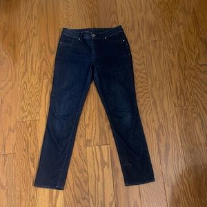 mid-2000s dark wash and gold sparkle jeans